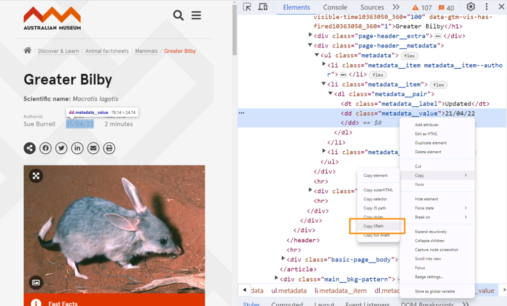 Chrome DevTools — right-click to copy XPath of any element